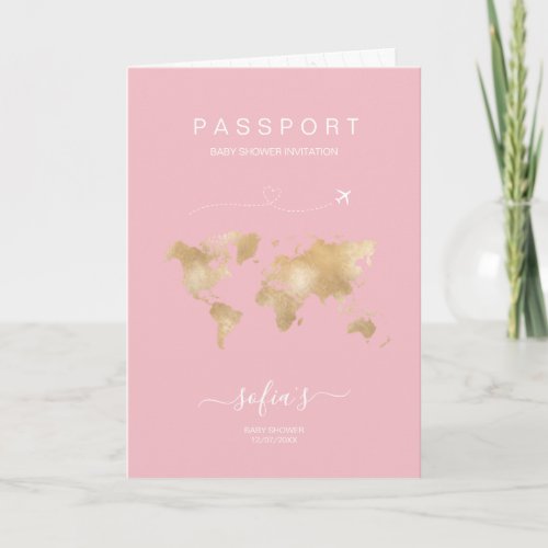 Modern Girl Pink Passport World Map Baby Shower  Invitation