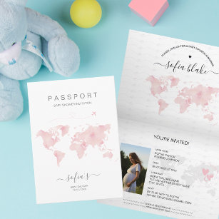 Modern Girl Pink Passport World Map Baby Shower Invitation