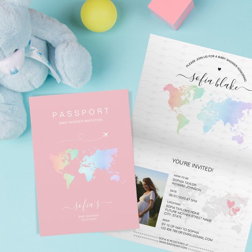 Modern Girl Pink Passport World Map Baby Shower  Invitation