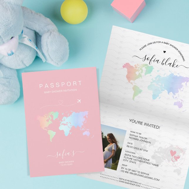 Modern Girl Pink Passport World Map Baby Shower  Invitation (Creator Uploaded)