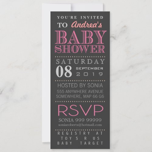 Modern Girl Pink Typography Baby Shower Long Custom Invites