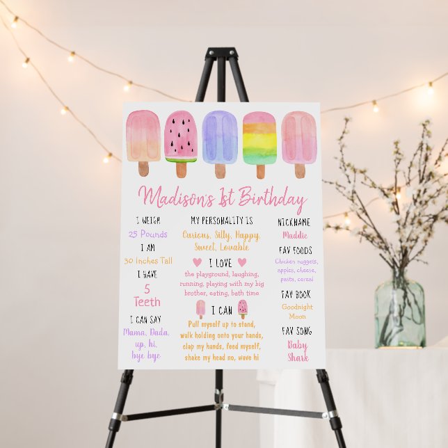 Modern Girl Popsicle First Birthday Milestone Foam Board (In Situ (Stand))
