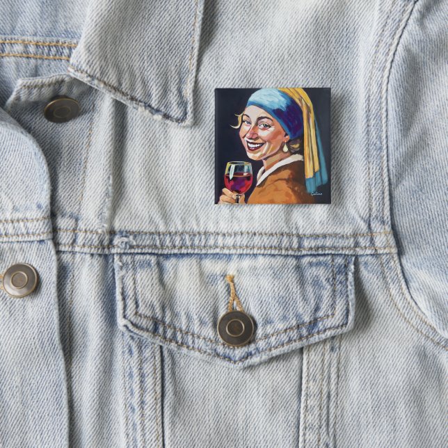 Modern Girl w/ a Pearl Earring - Vermeer Inspired Button (In Situ)