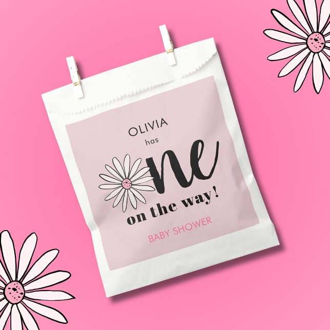 Modern Girls Baby Shower Daisy Floral Favor Bag (Modern pink floral daisy baby shower favor bags. 'One on the Way' floral daisy design.)