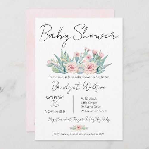 Modern Girls Floral Cactus Fiesta Baby Shower Invitation