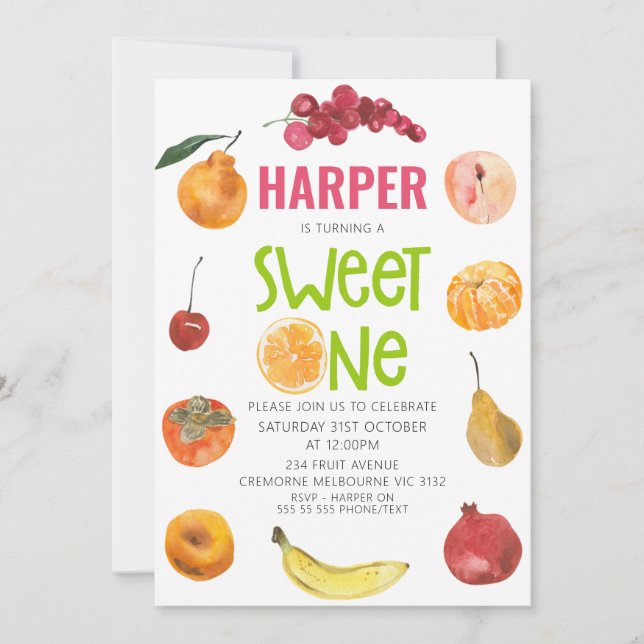 Modern Girls Fruit Themed 1st Birthday Invitation (Front)