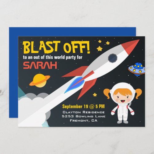 Modern Girls Outer Space Rocket Birthday Party Invitation