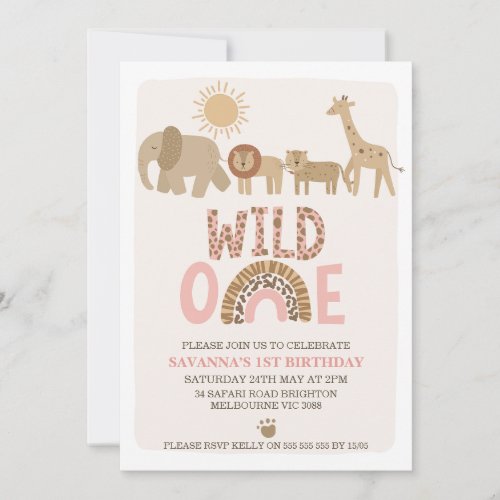 Modern Girls Safari Wild One 1st Birthday Invitation