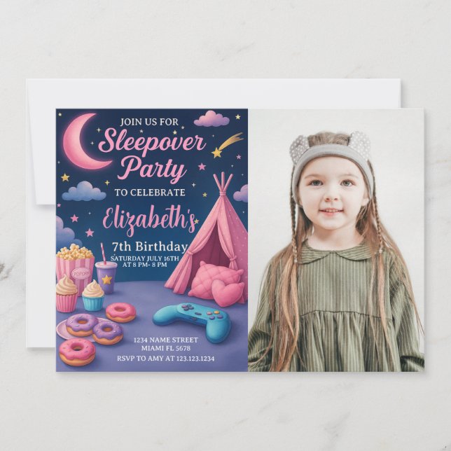 Modern Girls Slumber Party Card with photo (Front)