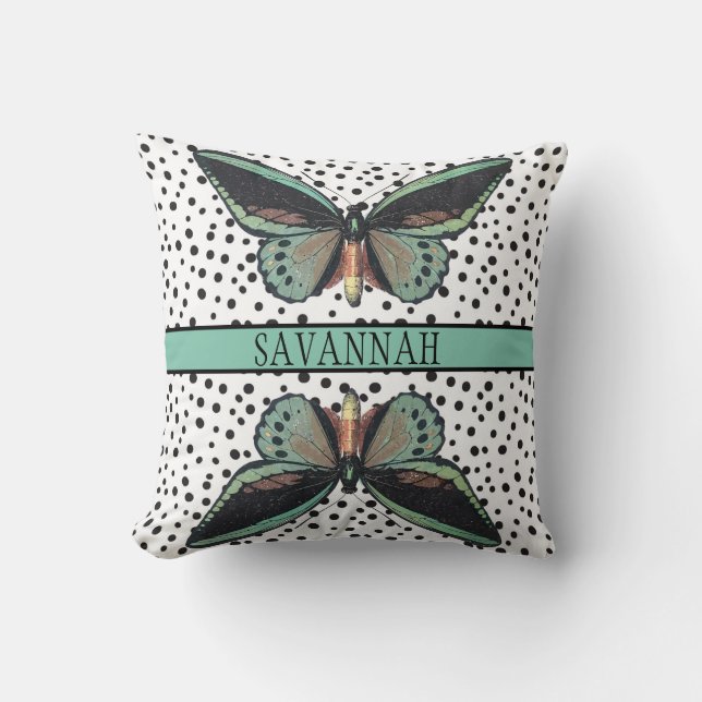 Modern Girl's Turquoise Black Butterfly Monogram Throw Pillow (Front)