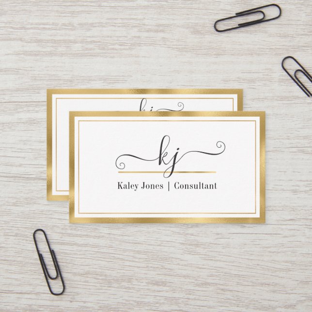 Modern Girly 2 Monogram Script Gold White  Busines Business Card (Front/Back In Situ)