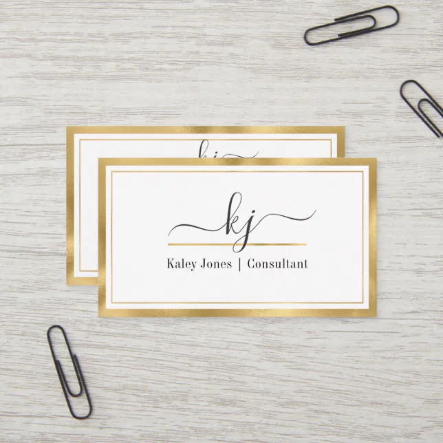 Modern Girly 2 Monogram Script Gold White Business Card | Zazzle