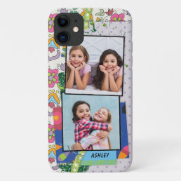 Modern Girly 2 Photo Fun Floral Personalized Name iPhone 11 Case
