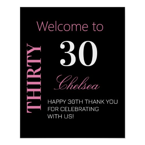 Modern Girly 30th Birthday Black Pink Welcome Poster