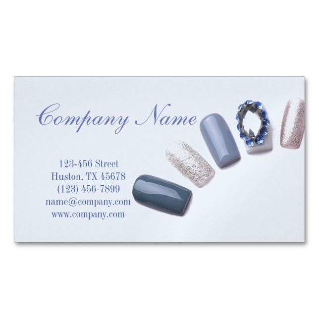 modern girly beauty salon blue nail artist business card magnet (Front)