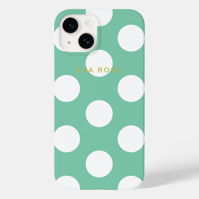 Modern Girly Big Polka Dot Green Monogram Name Case-Mate iPhone Case (Back)