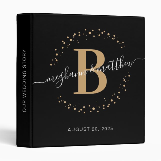 Modern Girly Black and Gold Name Monogram Wedding 3 Ring Binder (Front/Spine)