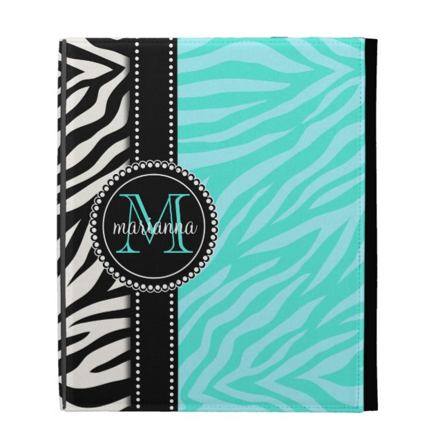 Modern Girly Black Aqua Zebra Print Personalized iPad Case (Front)