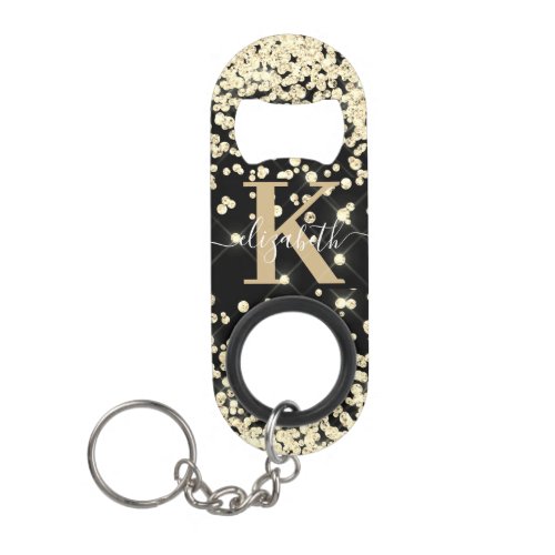 Modern Girly Black Gold Glitter Diamond Monogram Keychain Bottle Opener