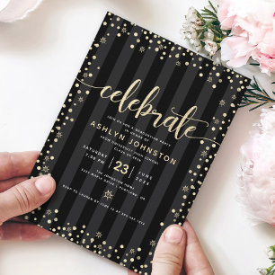 Modern girly black gold glitter script graduation  invitation