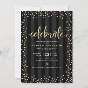 Modern girly black gold glitter script graduation invitation