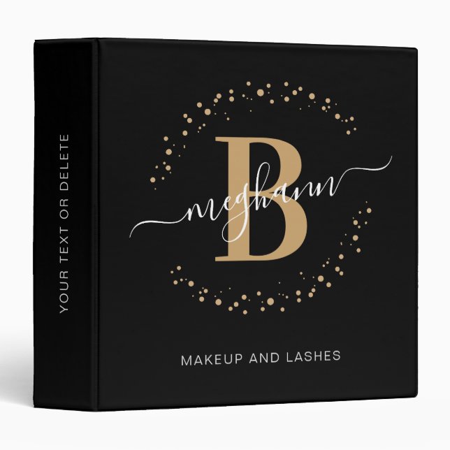 Modern Girly Black Gold Name Monogram Beauty Salon 3 Ring Binder (Front/Spine)