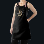 Modern Girly Black Gold Name Script Monogrammed Apron<br><div class="desc">Girly, modern, elegant, minimalist black and gold monogram initial name script custom personalized monogrammed apron. Featuring a monogram initial and a girly name signature script in a hand lettered calligraphy font with swash tails and dotted circle frame around your name. Perfect feminine gift for mom, girlfriend, birthday and anyone who...</div>
