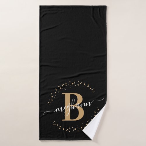 Modern Girly Black Gold Name Script Monogrammed Bath Towel