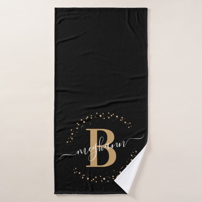 Modern Girly Black Gold Name Script Monogrammed Bath Towel (Bath Towel)