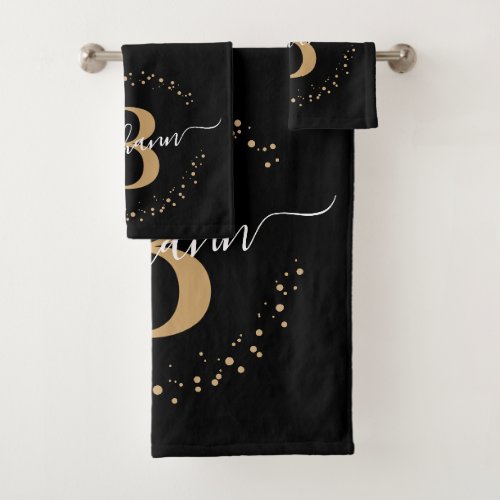 Modern Girly Black Gold Name Script Monogrammed Bath Towel Set