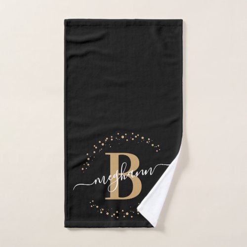 Modern Girly Black Gold Name Script Monogrammed Hand Towel