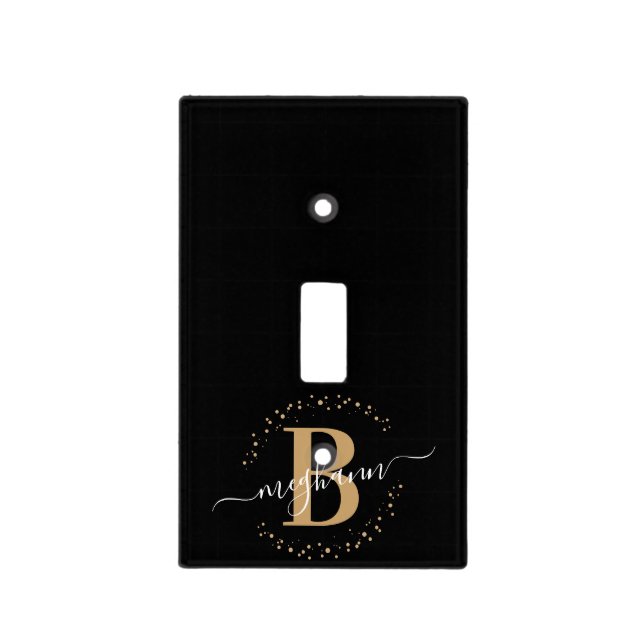 Modern Girly Black Gold Name Script Monogrammed  Light Switch Cover (Front)