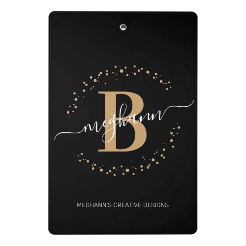 Modern Girly Black Gold Name Script Monogrammed Mini Clipboard