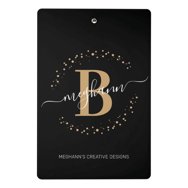 Modern Girly Black Gold Name Script Monogrammed Mini Clipboard (Back)