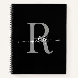 Modern Girly Black Gray Script Monogram Name Notebook