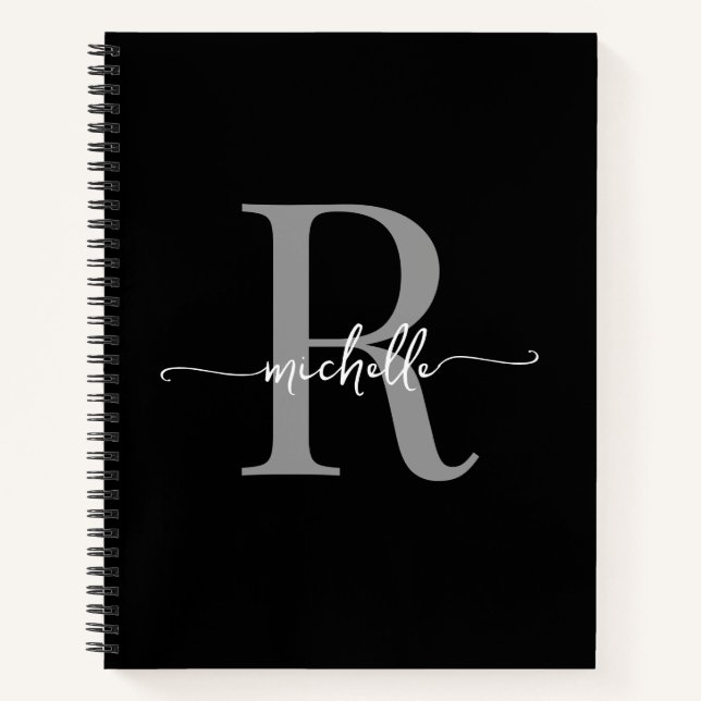 Modern Girly Black Gray Script Monogram Name Notebook (Front)