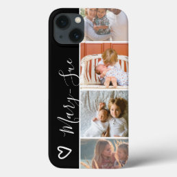 Modern girly black heart name 4 photo collage grid iPhone 13 case