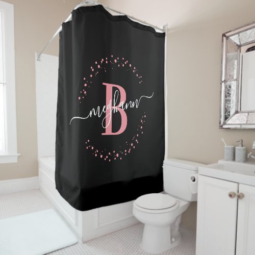 Modern Girly Black Pink Name Script Monogrammed  Shower Curtain