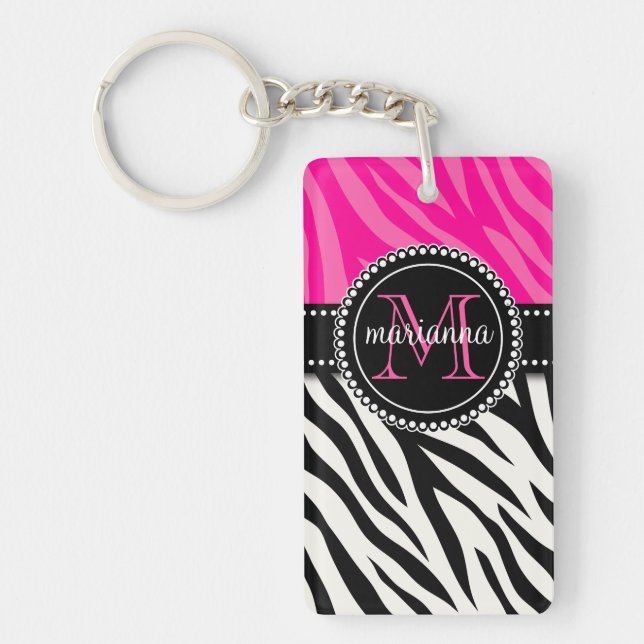 Modern Girly Black Pink Zebra Print Personalized Keychain (Front)