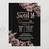 Modern Girly Black Rose Gold Floral Sweet 16 Invitation (Front/Back)