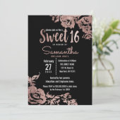 Modern Girly Black Rose Gold Floral Sweet 16 Invitation (Standing Front)