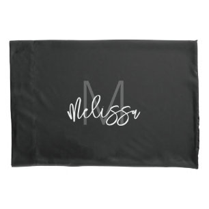 Modern Girly Black White Monogram Initial Name Pillow Case