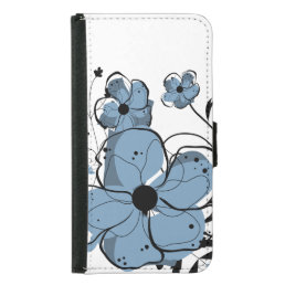 Modern Girly Blue and Black Flowers Wallet Phone Case For Samsung Galaxy S5