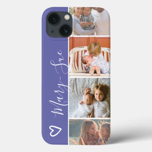 Modern girly blue heart name 4 photos collage grid iPhone 13 case