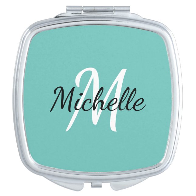 Modern Girly Blue Monogram Initial + Name Compact Mirror (Front)