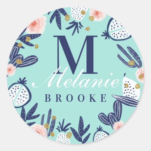 Modern Girly Blue Tropical Fruits Cactus  Florals Classic Round Sticker