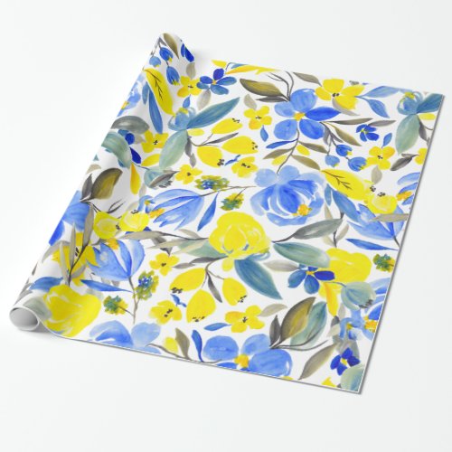Modern girly blue yellow floral watercolor pattern wrapping paper