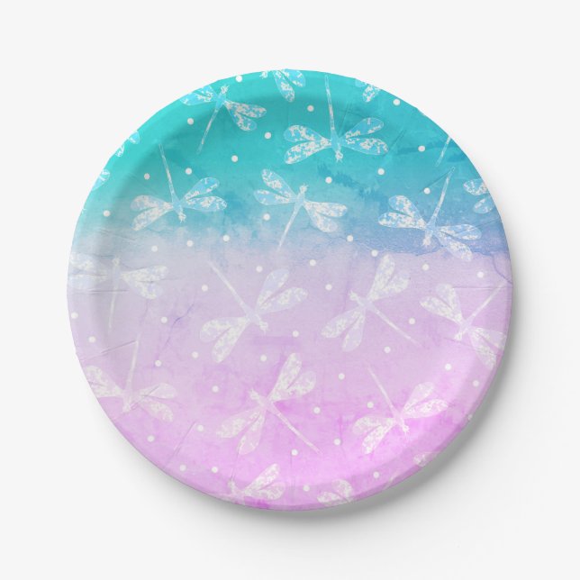 Modern girly blush pink aqua ombre dragonflies paper plates (Front)
