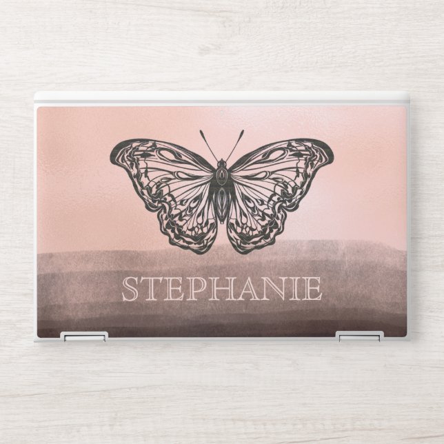 Modern Girly Blush Pink Black Butterfly HP Laptop Skin (Front)
