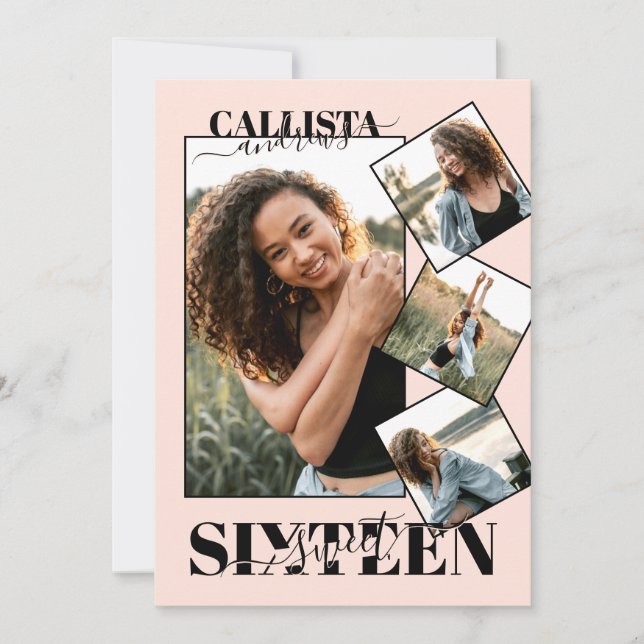 Modern Girly Blush Pink Black Four Photo Sweet 16 Invitation (Front)